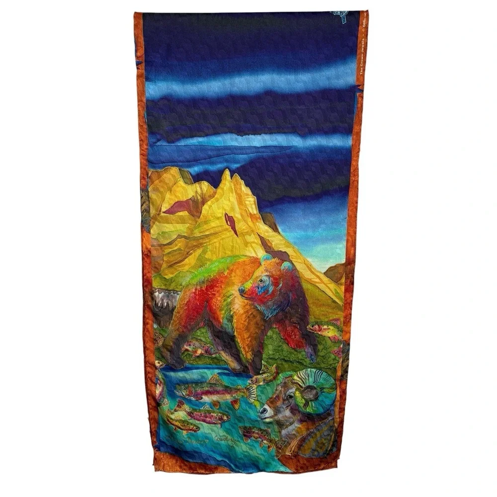 Glacier National Park Centennial Silk Scarf Nancy Dunlop Cawdrey 13X60 Wildlife - Picture 3 of 8